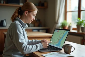 Randonneuse préparant son itinéraire sur le service public Geoportail IGN sur un ordinateur portable