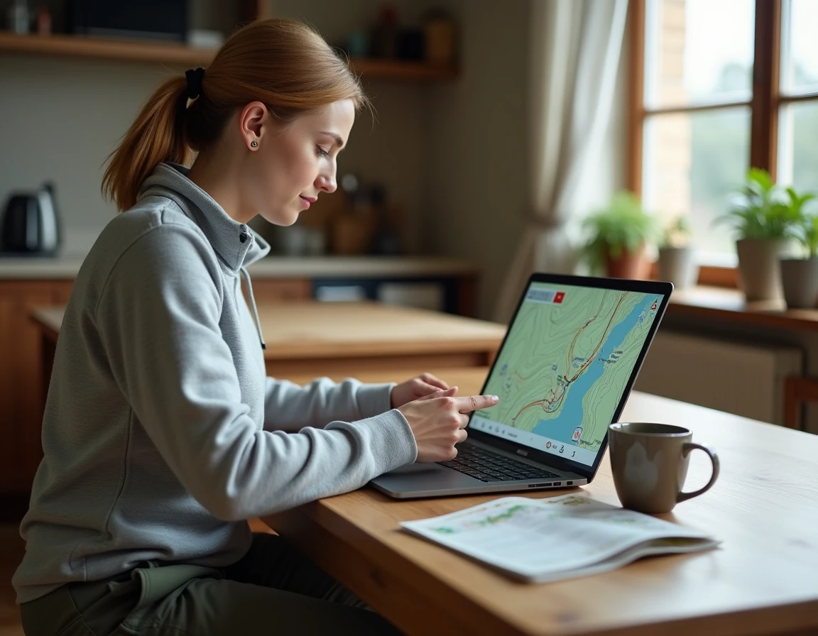 Randonneuse préparant son itinéraire sur le service public Geoportail IGN sur un ordinateur portable