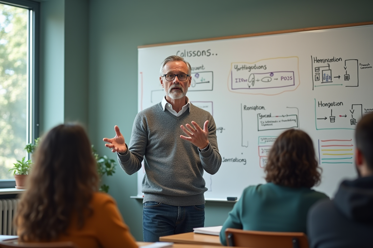 Homme enseignant expliquant diagrammes de cybersécurité