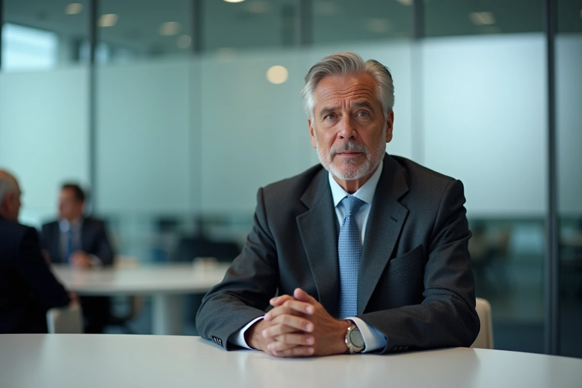 Homme professionnel en costume sombre assis en salle de conférence lors d'un entretien formel, illustration éditoriale pour article de biographie vérifiée