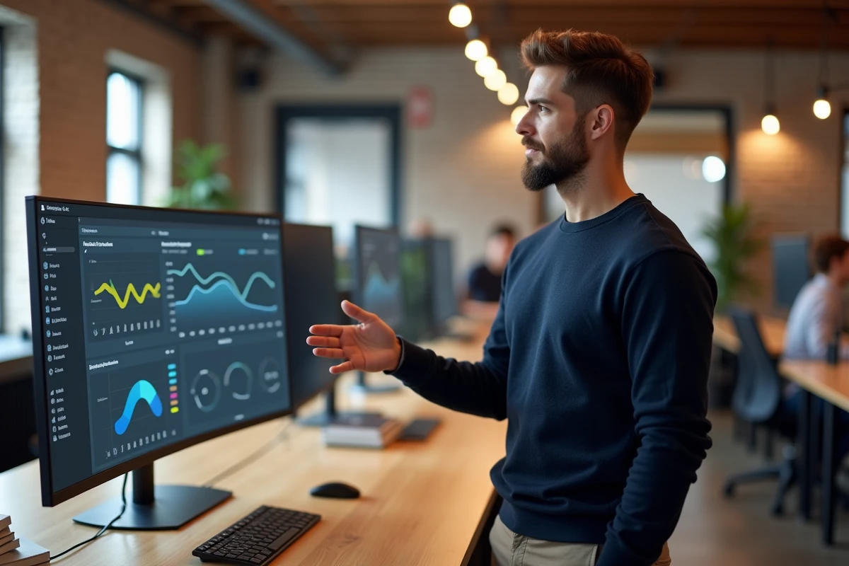 Professionnel du marketing digital analysant les statistiques Instagram Stories sur un grand écran dans une agence moderne, pour une stratégie social media 2026