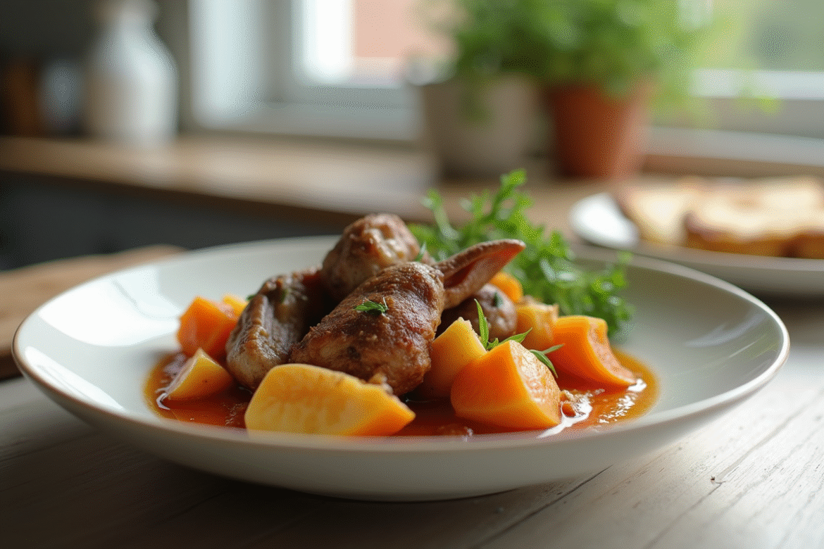 Ragoût de lapin bien présenté dans une cuisine lumineuse