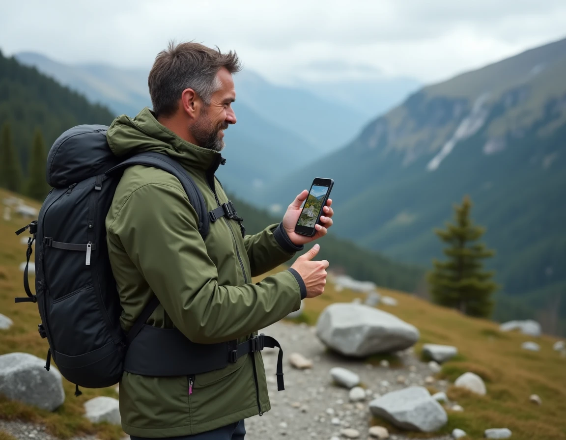 Randonneur consultant la carte topographique IGN Geoportail sur smartphone en montagne