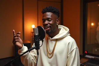 Jeune rappeur en studio d'enregistrement récitant un couplet avec confiance, incarnant l'ego trip dans le rap