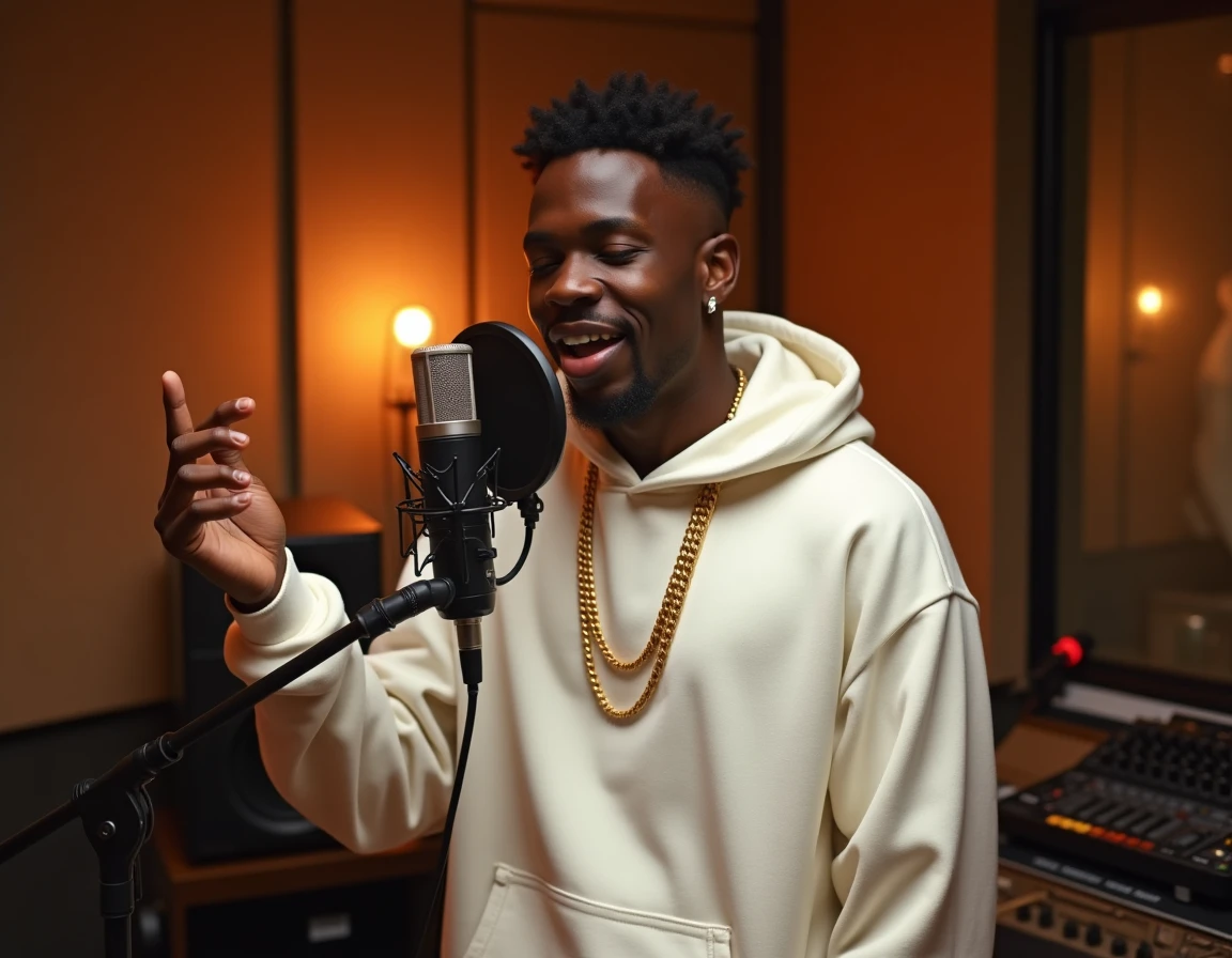 Jeune rappeur en studio d'enregistrement récitant un couplet avec confiance, incarnant l'ego trip dans le rap