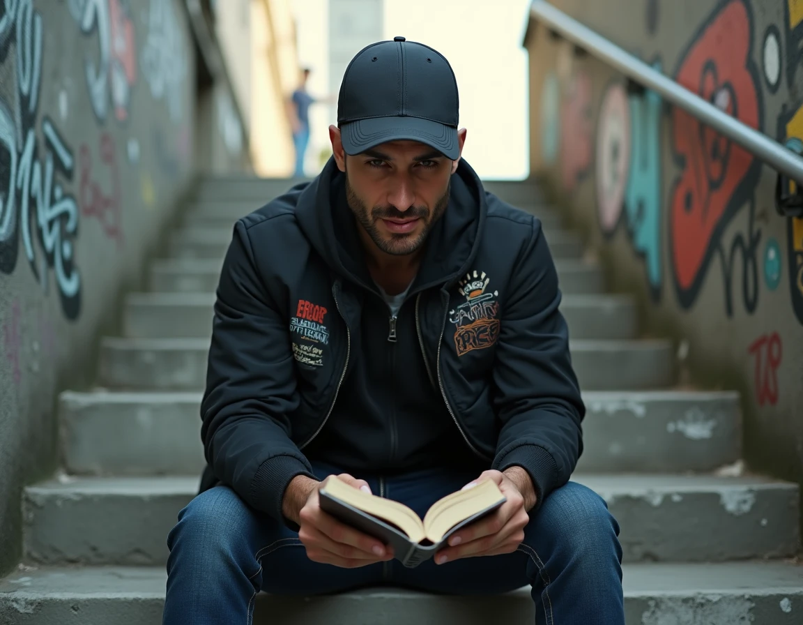 Rappeur urbain lisant ses paroles d'ego trip sur des marches en béton dans un quartier de la ville