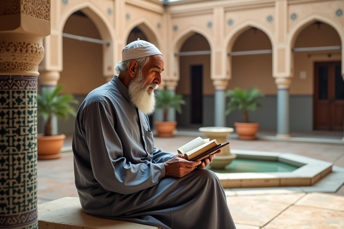 Vieil homme récitant la Sourate Al Mulk dans la cour d'une mosquée aux mosaïques traditionnelles