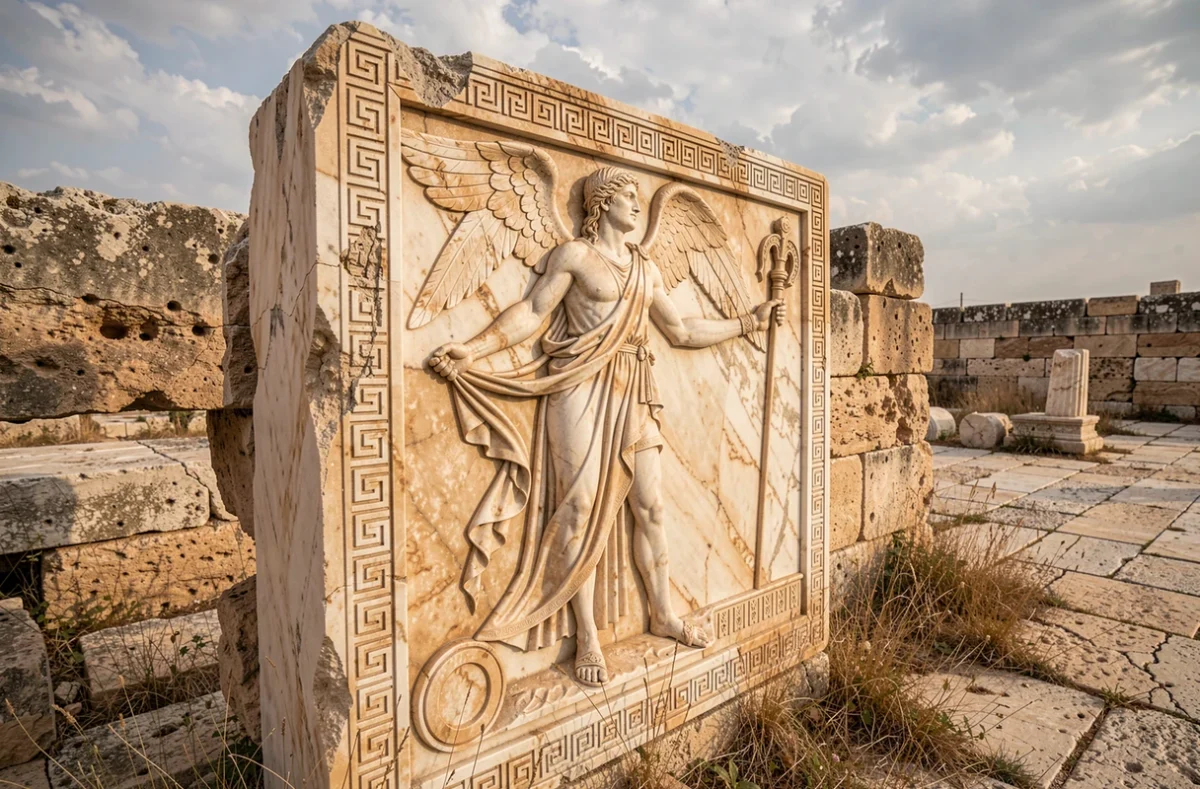 Relief en marbre antique représentant Hermès avec son caducée et ses sandales ailées sur un site archéologique grec