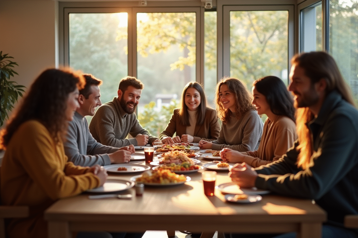 Groupe diversifié partageant repas dans centre communautaire