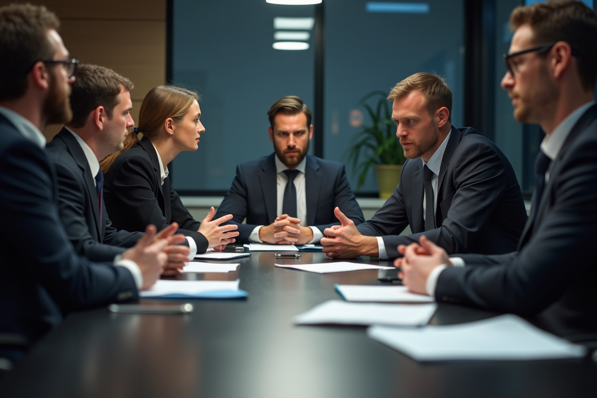 Professionnels en réunion discutant du Code civil