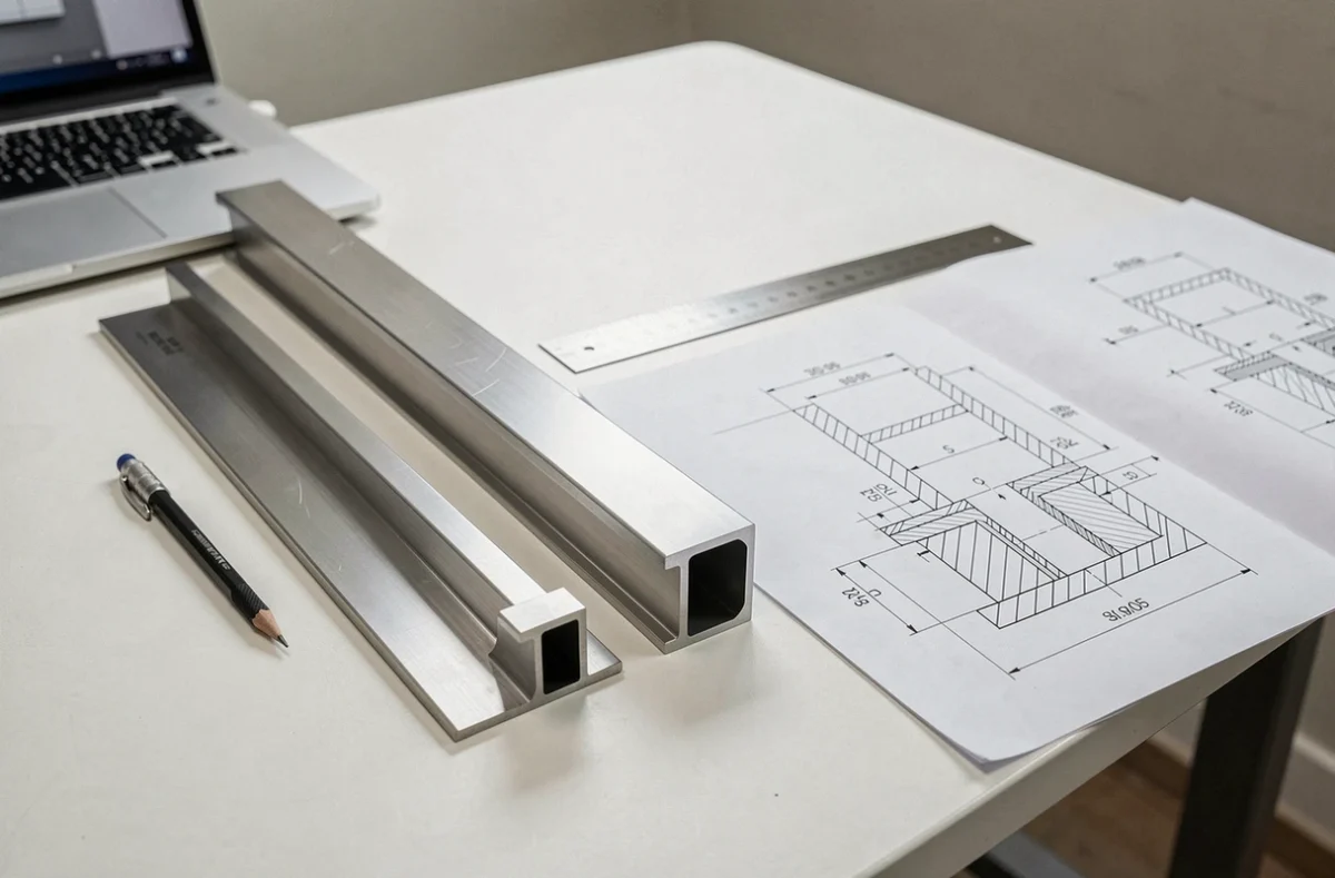 Profilés en L inox de différentes sections posés sur un plan technique de chantier