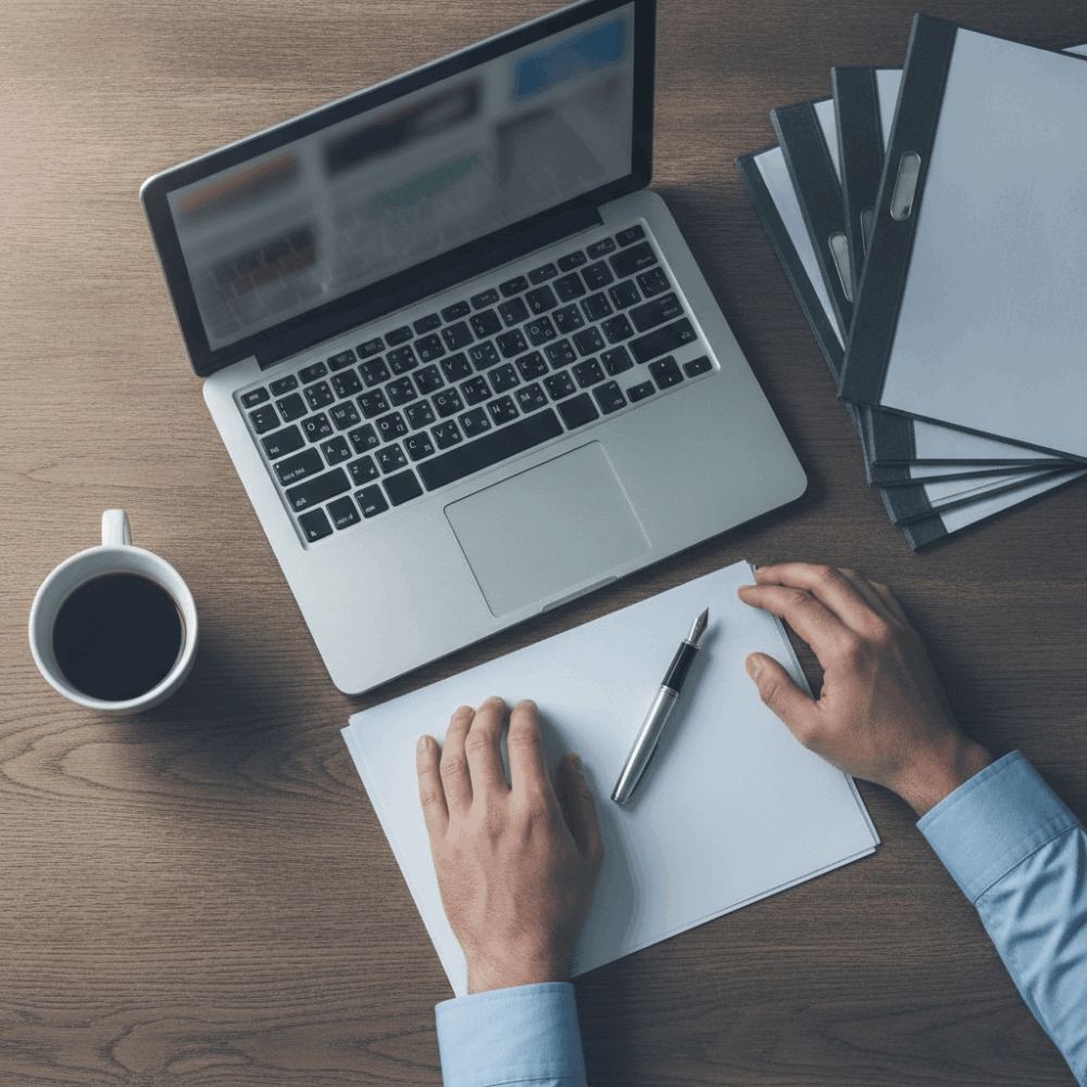 Poste de travail de négociant automobile avec documents de gestion et système DMS automatisé