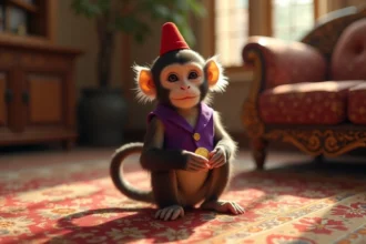 Petit singe capucin en costume violet sur tapis ancien