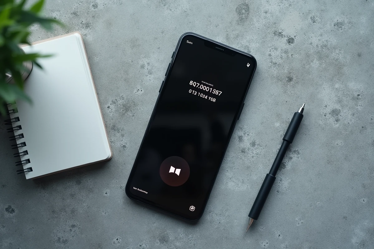 Vue de dessus d'un smartphone affichant un appel entrant d'un numéro de téléphone inconnu sur une surface en béton