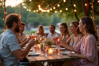 Groupe d'amis qui trinquent en terrasse à la guinguette de La Madeleine lors d'une soirée d'été animée au bord de la Seine