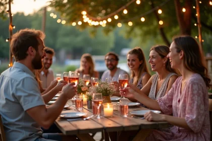 Groupe d'amis qui trinquent en terrasse à la guinguette de La Madeleine lors d'une soirée d'été animée au bord de la Seine