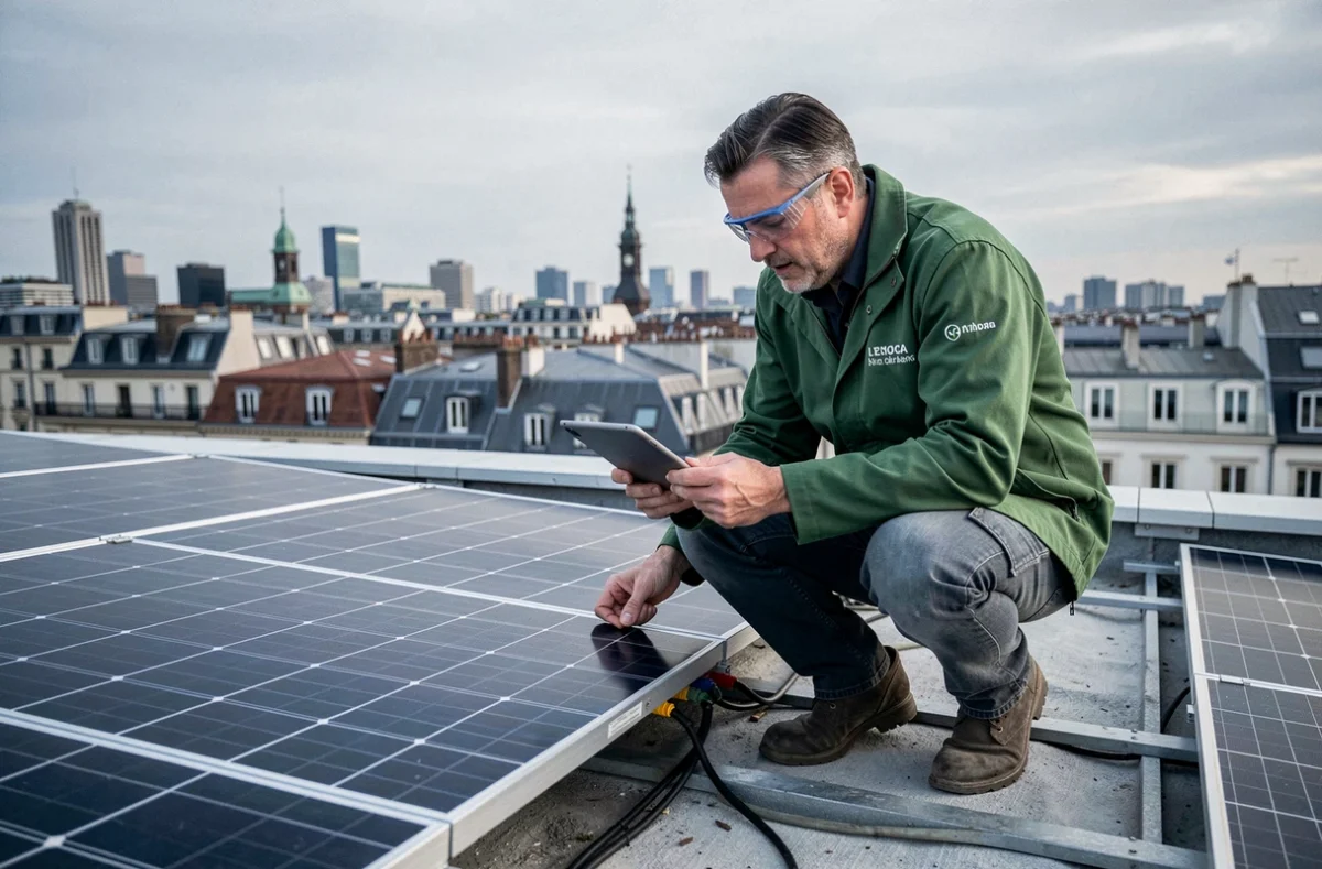 Technicien de Solairgie69 inspectant des panneaux solaires sur un toit lyonnais