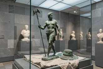 Statuette en bronze de la Grèce antique représentant Hermès messager des dieux dans un musée d'antiquités classiques