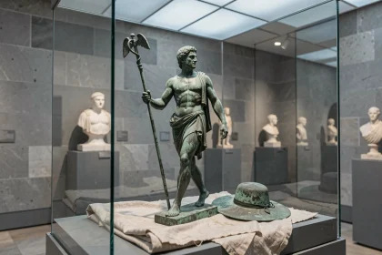 Statuette en bronze de la Grèce antique représentant Hermès messager des dieux dans un musée d'antiquités classiques