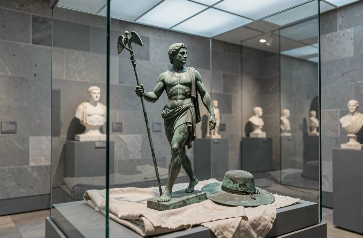 Statuette en bronze de la Grèce antique représentant Hermès messager des dieux dans un musée d'antiquités classiques