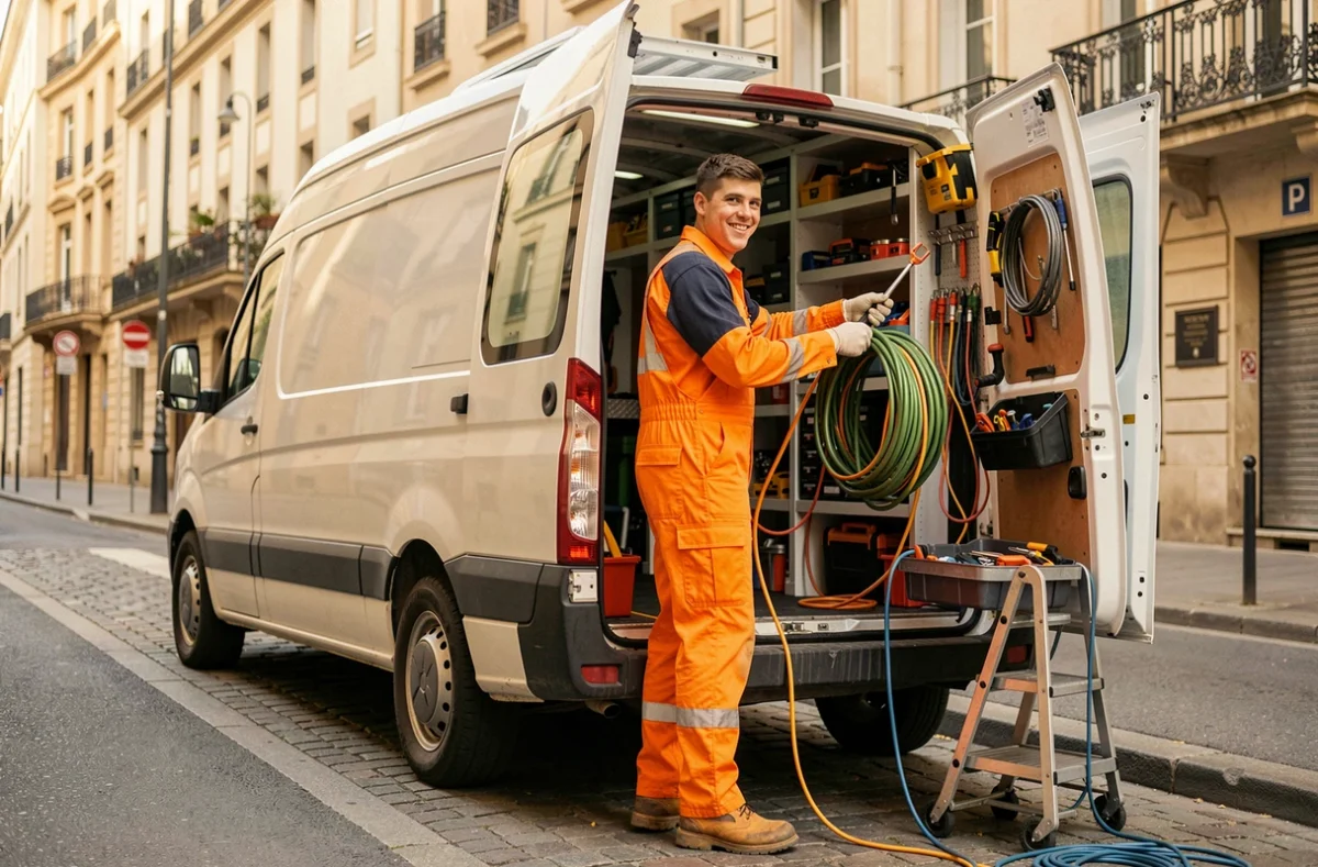 Électricien dynamique de Super Electric préparant son matériel depuis un véhicule utilitaire dans Lyon