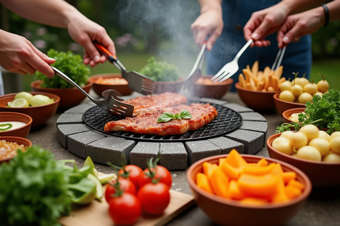 Table pour pierrade avec légumes et sauces colorées