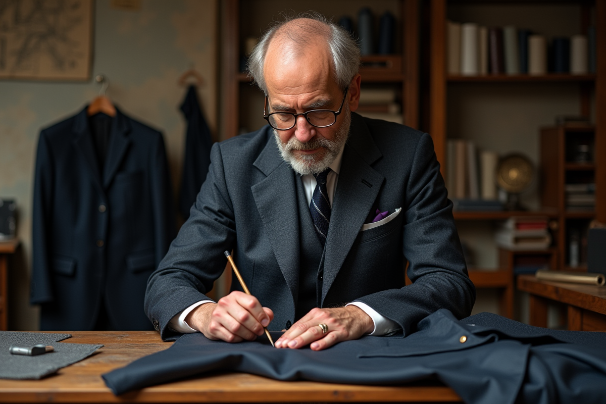 Tailleur homme cousant un costume dans un atelier