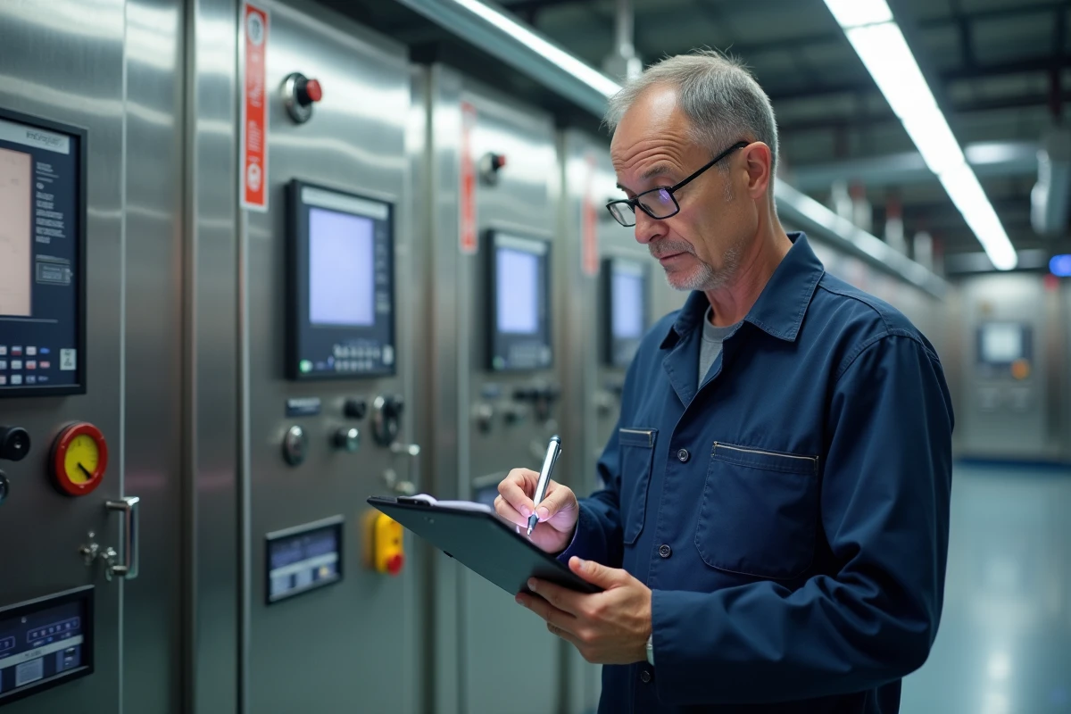 Technicien en uniforme vérifiant une liste de contrôle industrielle