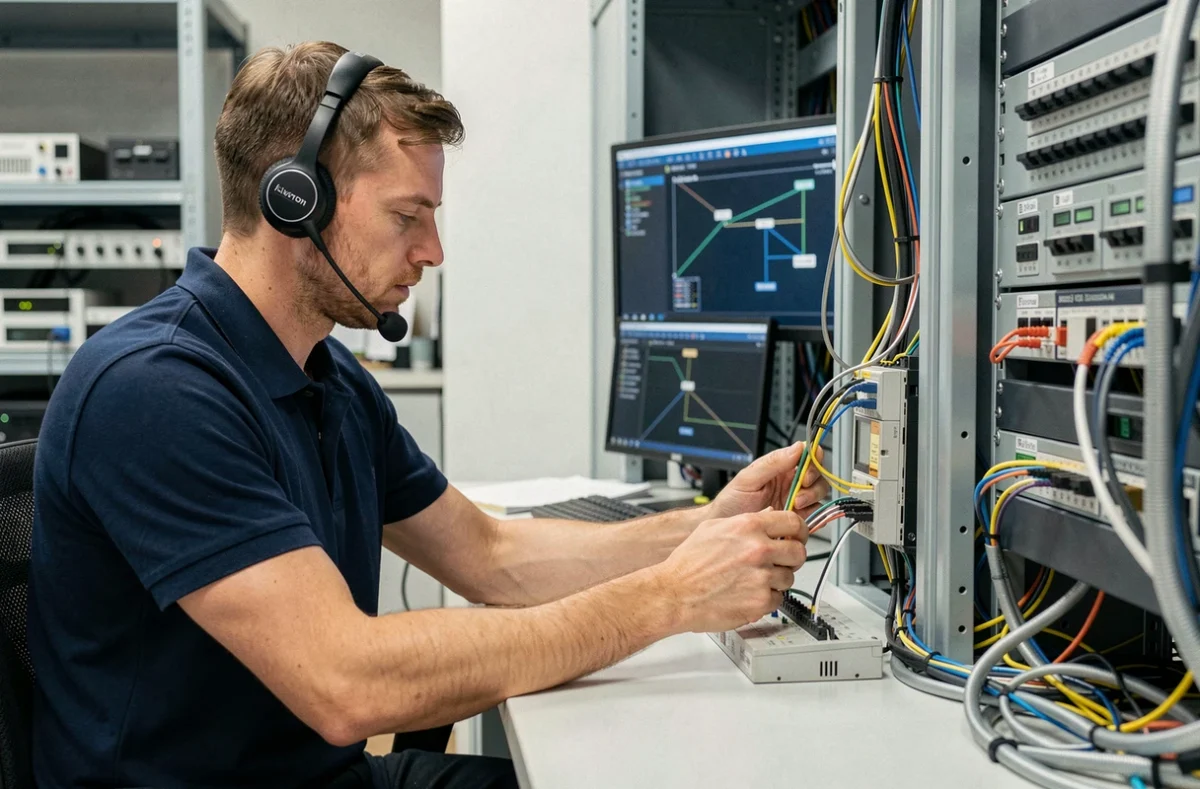 Technicien de Teleconnection raccordant des câbles réseau dans un espace d'installation télécom à Lyon