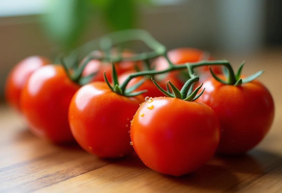 Gros plan de tomates cerises sur plan de travail en bois