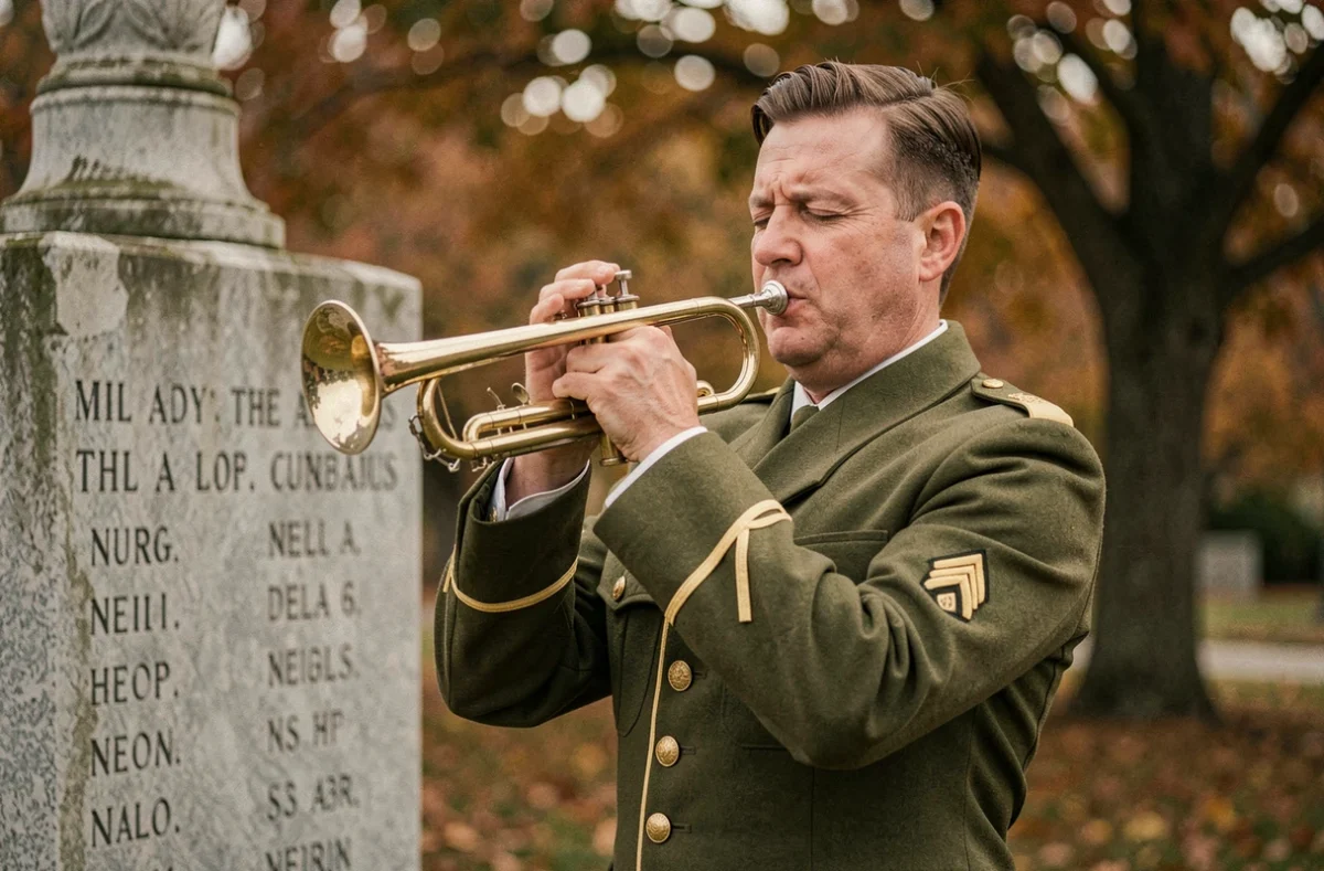 Trompettiste militaire jouant un hommage solennel devant un monument aux morts