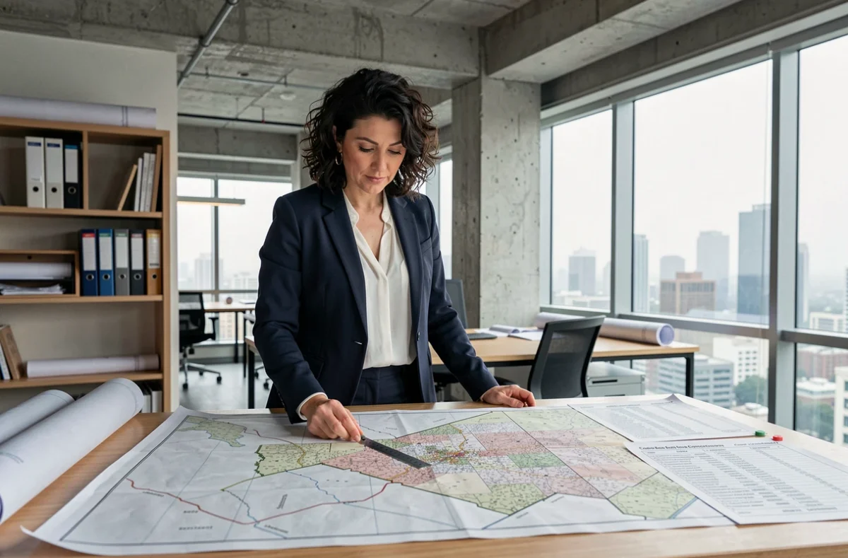Urbaniste étudiant une carte cadastrale avec des tableaux de conversion hectares kilomètres carrés
