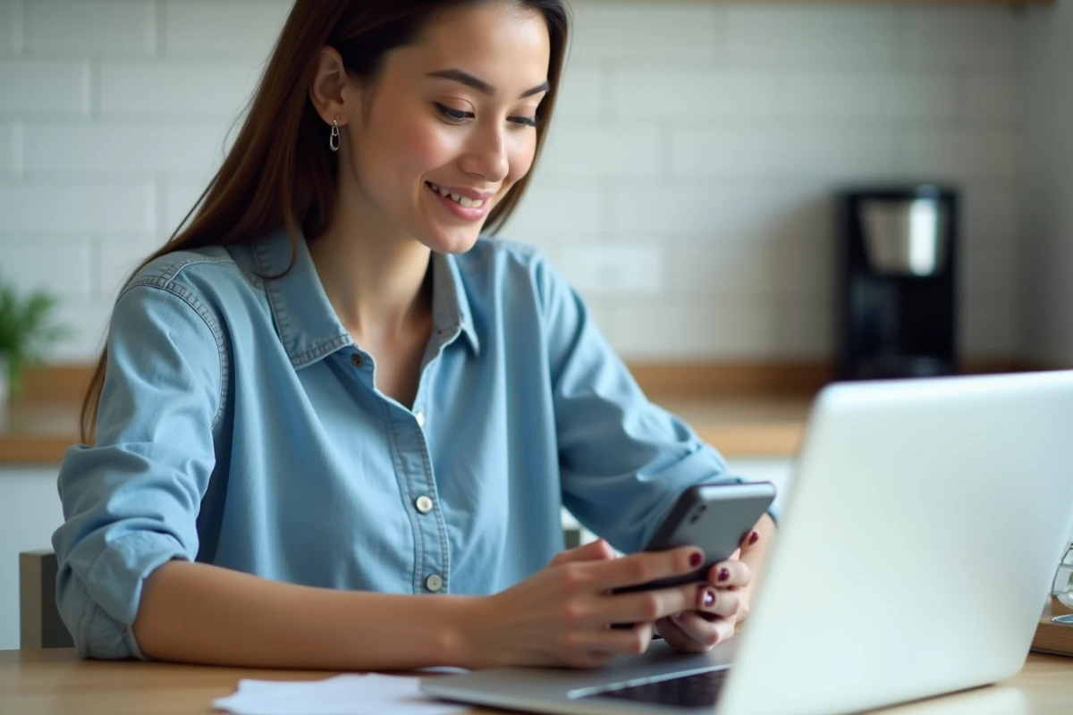 Femme vérifiant un numéro de téléphone inconnu sur ordinateur et smartphone dans une cuisine