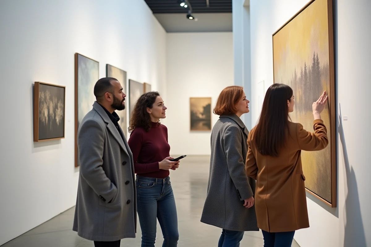 Groupe de visiteurs discutant devant une peinture impressionniste dans une galerie d'art moderne, évoquant les grands mouvements picturaux
