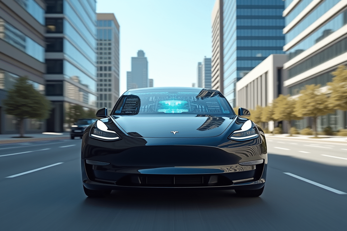 Tesla autonome en ville avec interface digitale sur le pare-brise