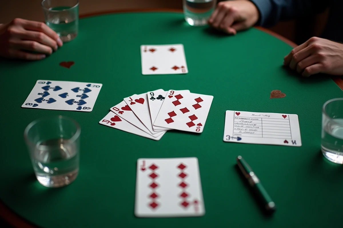 Vue aérienne d'une partie de belote coinchée avec cartes et feuille de score sur table verte