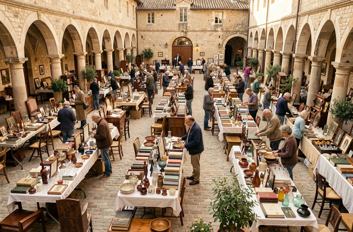 Vue large d'un vide-grenier animé sur une place de bastide en Lot-et-Garonne avec des étals de brocante et des chineurs