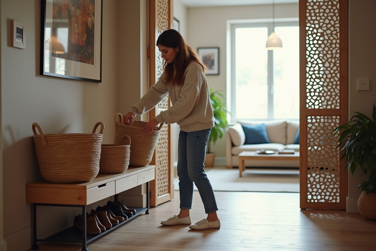 Jeune femme arrangeant paniers dans l'entrée moderne